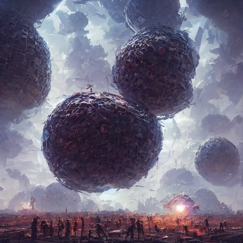 Image similar to dyson sphere program, by greg rutkowski, by rhads, by jesper ejsing, so many wires, sharp focus, man standing, colony, atom, crowd, city