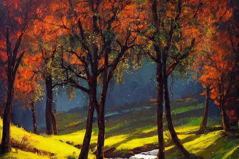 Image similar to masterpiece painting of oak trees on a hillside overlooking a creek, dramatic lighting, by alena aenami