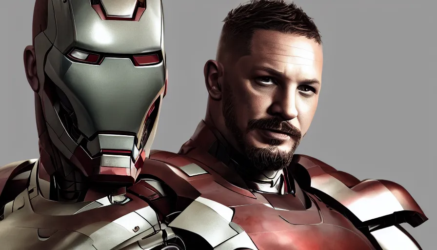 Prompt: Portrait of Tom Hardy in the Iron Man Suit, hyperdetailed, artstation, cgsociety, 8k