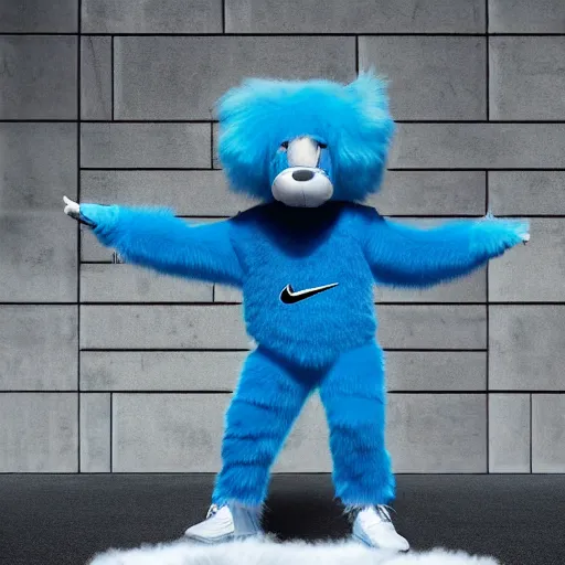 Prompt: nike fluffy mascot made of very fluffy blue faux fur placed on reflective surface, professional advertising, overhead lighting, heavy detail, realistic by nate vanhook, mark miner