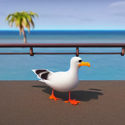 Image similar to a seagull with big eyes looking for a cup of coffee in a beautiful beach in Caribee. Pixar Disney 4K 3d render funny animation movie Oscar winning trending on ArtStation and Behance. Ratatouille style.