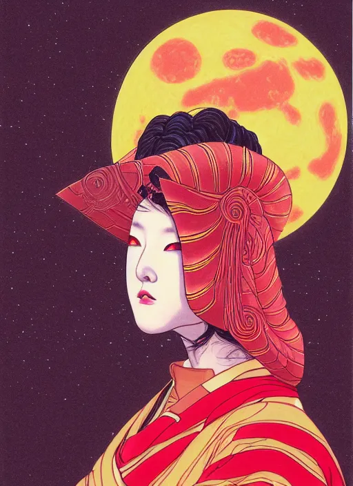 Image similar to portrait of a woman with a mask on his face in the form of a spiral in a golden kimono, full face, against the background of a bright red moon, sad motif, by hisashi eguchi, kentaro miura, and yoshitaka amano, soft colors, futuristic, 8 k