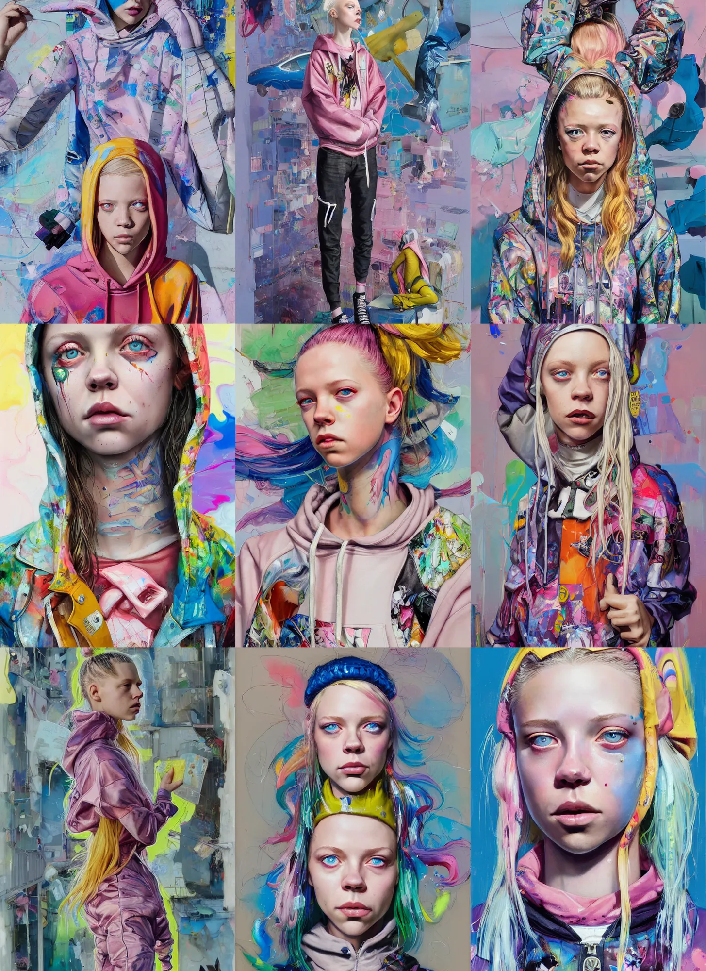 Prompt: ( ( hunter schafer ) ) sydney sweeney from die antwoord by martine johanna and donato giancola, wearing a hoodie, standing in a township street, street fashion outfit,!! haute couture!!, full figure painting by john berkey, david choe, ismail inceoglu, pastel color, detailed impasto brush strokes, 2 4 mm lens