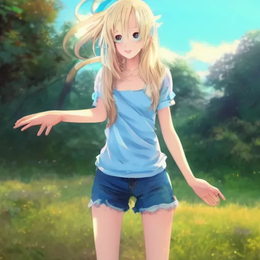 Image similar to a very beautiful anime girl, full body, long wavy blond hair, sky blue eyes, full round face, short smile, cute top, short jeans, summer lake setting, cinematic lightning, medium shot, mid-shot, highly detailed, trending on Artstation, Unreal Engine 4k, cinematic wallpaper by Stanley Artgerm Lau, WLOP, Rossdraws, James Jean, Andrei Riabovitchev, Marc Simonetti, and Sakimichan