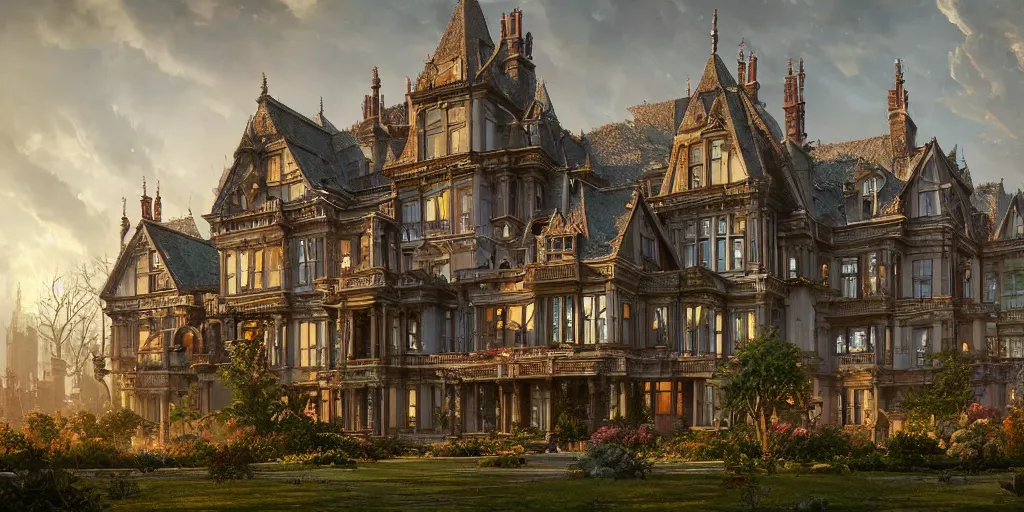Image similar to a late Victorian mansion surrounded by beautiful gardens, view from ground level, intricate, elegant, highly detailed, ornate, beautifully lit, ray traced, octane render by Peter Mohrbacher and Peter Gric