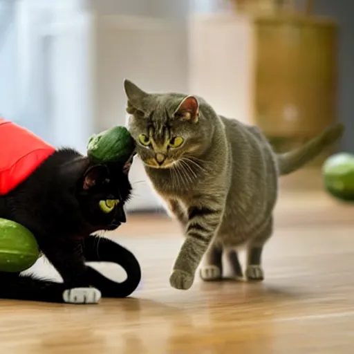 Prompt: a cat fighting against a cucumber