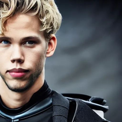 Image similar to medium face shot of adult Austin Butler !!!!with exposed head!!!!, dressed in black-prussian blue futuristic-tudoresque clothing with Harkonnen-Ram-embroidery, and nanocarbon-vest, in an arena in Dune 2021, XF IQ4, f/1.4, ISO 200, 1/160s, 8K