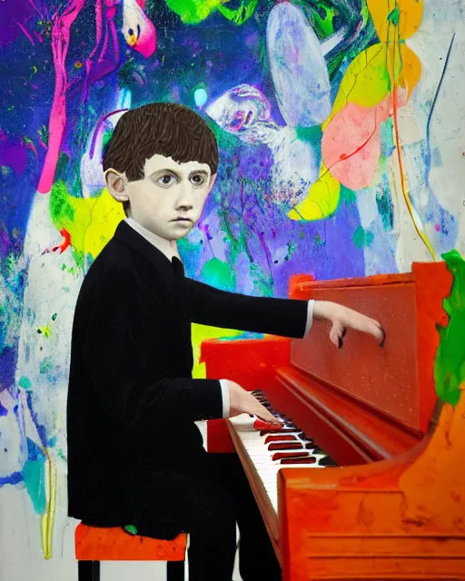 Image similar to 3 d portrait of a child piano player in tuxedo painted by vincent lefevre and hernan bas and pablo amaringo and pat steir and hilma af klint, psychological, photorealistic, dripping paint, washy brush, rendered in octane, altermodern, masterpiece