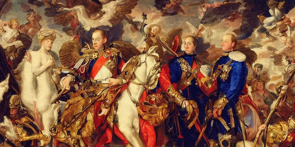 Image similar to painting of prince william, duke of cambridge wearing knight's armor with heavenly angels surrounding him