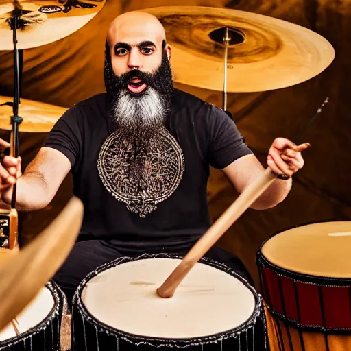 Prompt: bald arab guy with a beard playing a drum solo on a large drum kit, cinematic style, symmetric, highly detailed, ornate, intricate, realistic