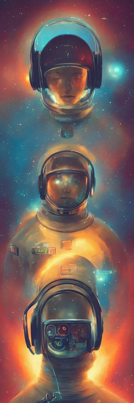 Image similar to a poster design of a cyberpunk astronaut wearing headphones in space, universe, cyberpunk, warm color, Highly detailed labeled, poster, peter mohrbacher, featured on Artstation