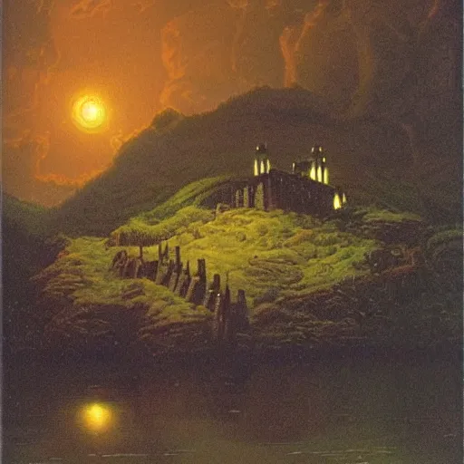 Image similar to fortress on a hill in a lake at night, Darrell k sweet