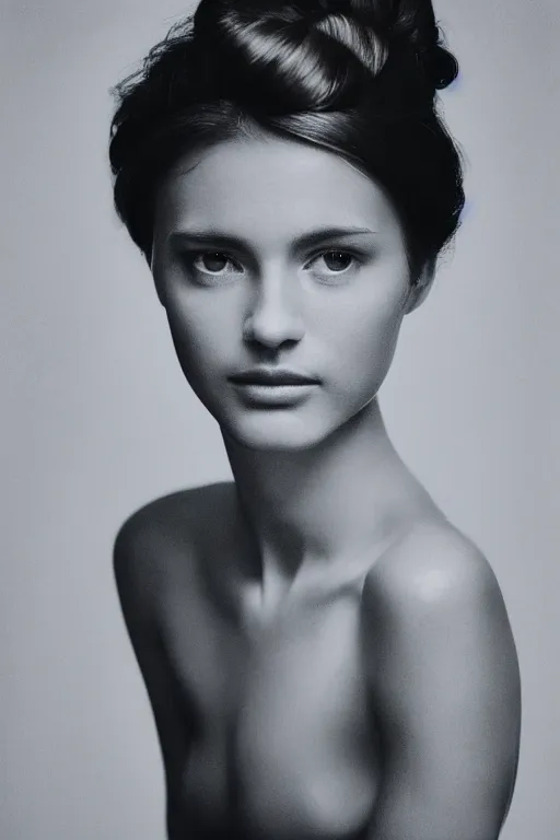 Prompt: photo portrait of a beautiful woman, head centered portrait, hair styled in a bun, view, enigmatic natural beauty, little smile, head in focus, elegant, seducing, highly detailed, artistic, concept art, painterly, shot with hasselblad, photography, sharp focus, volumetric lights, art style by annie leibovitz and man ray