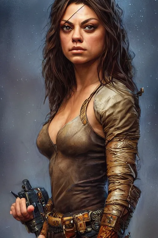 Image similar to tough Mila Kunis as a ruggedly handsome heroine, intricate, elegant, highly detailed, centered, artstation, concept art, smooth, sharp focus, illustration, bokeh art by artgerm and donato giancola and Joseph Christian Leyendecker, WLOP