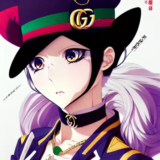 Image similar to Magazine Cover Anime key visual of a Gucci girl; official media; typography; drawn by Hirohiko Araki; Jojo's Bizarre Adventure; Jojolion, portrait, made by Stanley Artgerm Lau, WLOP, Rossdraws, James Jean, Andrei Riabovitchev, Marc Simonetti, Yoshitaka Amano, ArtStation