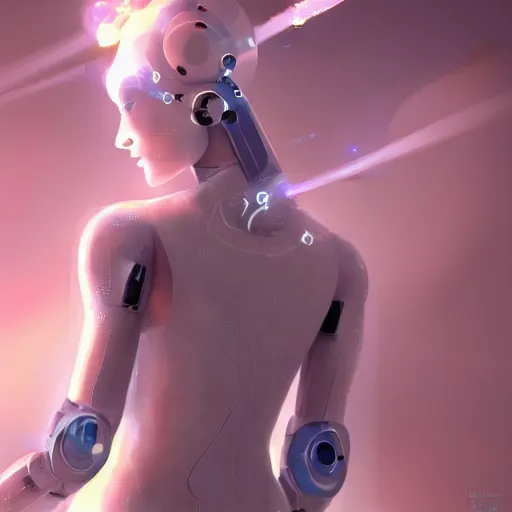 Image similar to a mystic robot goddess with white dress trying to create human being in her hands, digital art, concept art, trending on artstation, 8 k detailed