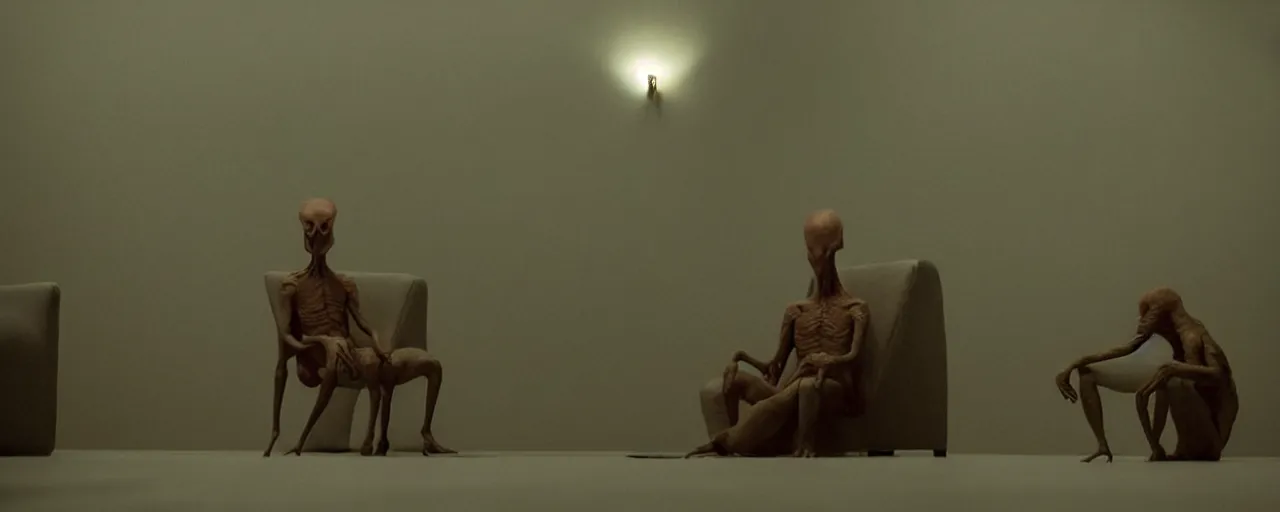 Image similar to a strange creature sits in the living room, film still from the movie directed by Denis Villeneuve with art direction by Zdzisław Beksiński, close up, telephoto lens, shallow depth of field