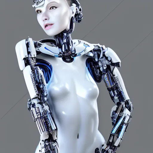 Prompt: beautiful centered fine art photo portrait of graceful girl with solarpunk mecha humanoid parts with led lights, serpentine pose gesture, ultra - realistic, white background, highly detailed and intricate, soft box lighting, shallow depth of field hdr 8 k