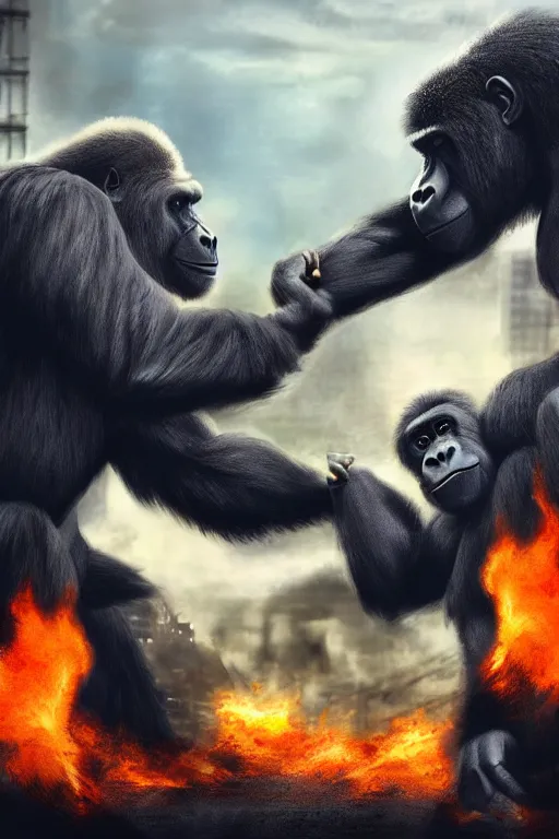 Image similar to concept art of huge gorilla fight with gorilla on burning tokyo city, cinematic composition, perfect lighting, art station trending