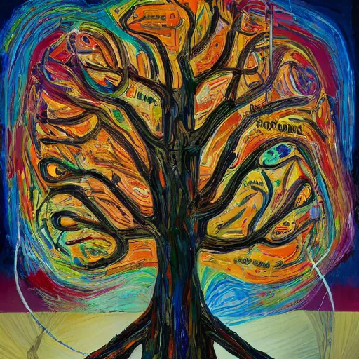 Prompt: foundation of conscience, tree of life, by emad and basquiat and macgyver, highly detailed, oil on canvas, featured on artstation