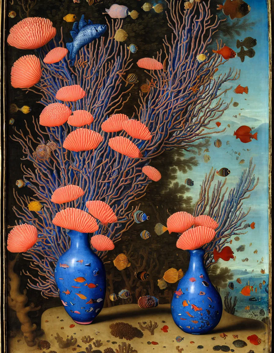 Image similar to bottle vase of coral under the sea decorated with a dense field of stylized scrolls that have opaque outlines enclosing mottled blue washes, with purple shells and blue fishes, Ambrosius Bosschaert the Elder, oil on canvas, around the edges there are no objects