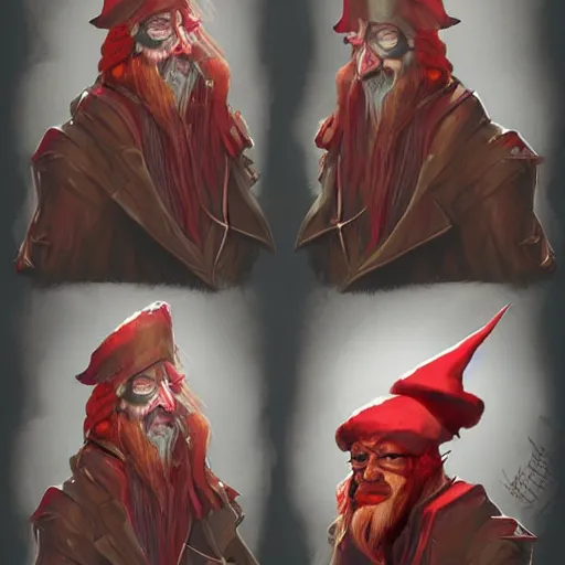 Prompt: A character study of an evil sorcerer, he has a red hat, concept art by Guillaume Menuel, character design, high detail, fantasy art