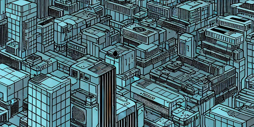 Image similar to areal view of mechanical futuristic brutalist city in the style of Akira!