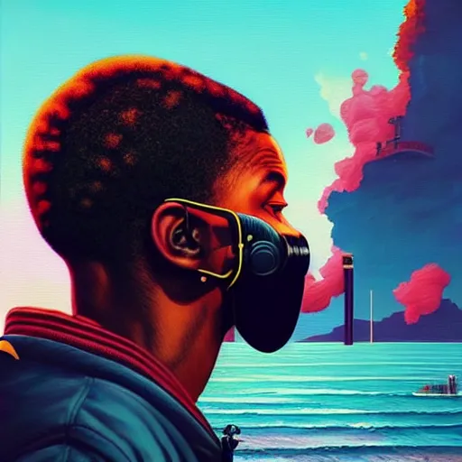 Image similar to side profile of a black man :: blood :: background sea :: intricate details :: futuristic oxygen mask :: 8k :: simon stalenhag and Sandra Chevrier