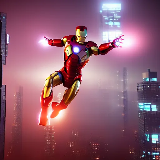 Image similar to A hyperdetailed photograph of Iron Man flying through the skies of a cyberpunk, futuristic city, night, dense fog, rain, HD, 8K resolution, unreal engine 5