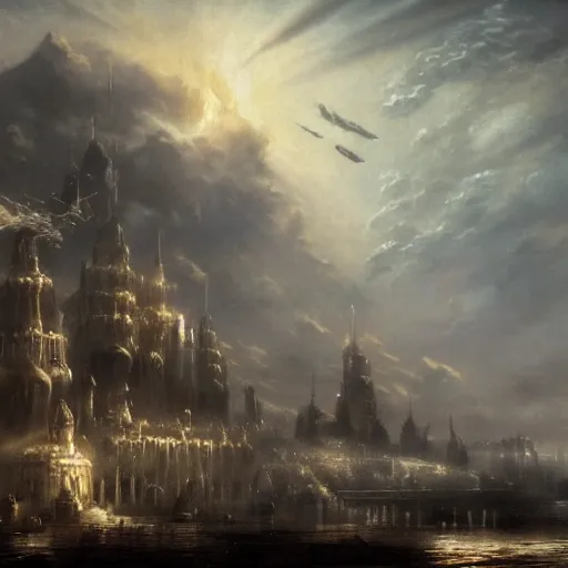 Image similar to enormous flying city in a faberge egg, sky, steampunk, fantasy art, masterpiece, hugh ferriss, unreal engine, peder balke, andreas achenbach cloudy background