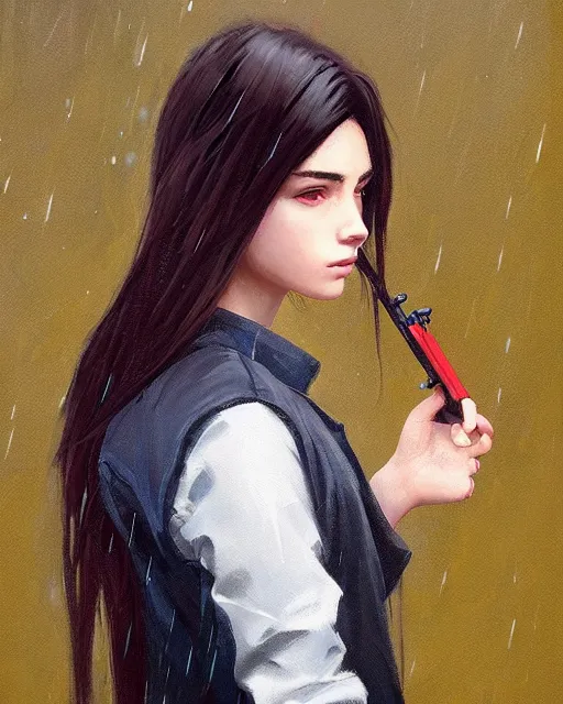 Image similar to A ultradetailed beautiful portrait panting of a stylish girl standing in the rain, she is holding a handgun ,side view, Oil painting, by Ilya Kuvshinov, Greg Rutkowski and Makoto Shinkai