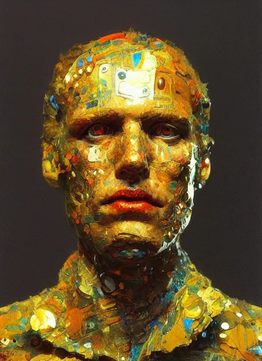 Prompt: a sculpture portrait made of material and electronic and molecules and atoms, painting part by wojciech siudmak, part by ilya repin, part by max ernst, part by norman rockwell, artstation