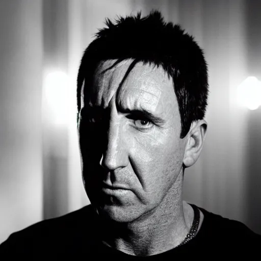 Prompt: Trent Reznor glaring at you, cctv footage, red glowing eyes