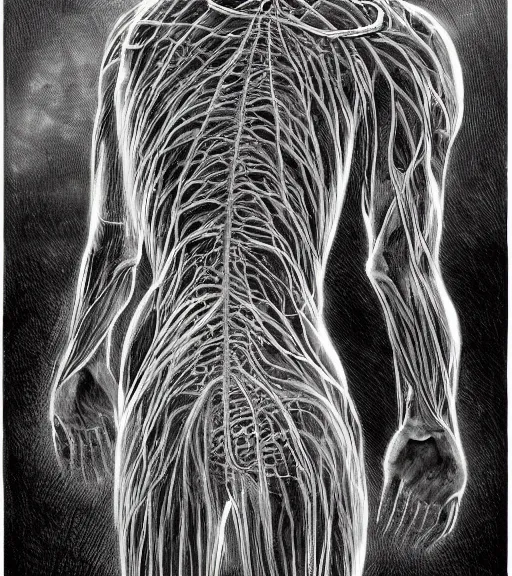 Image similar to the human nervous system. black and white drawing, in the style of greg rutkowski, fantasy, amazing detail, epic, intricate, elegant, smooth, sharp focus