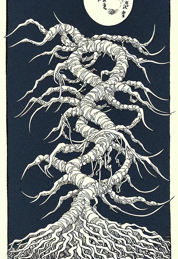 Prompt: prompt: magical white skeleton Bonsai tree squid creature roots merging into big moon drawn by TakatoYamamoto, Japanese woodblock print style, inspired by 1980's sci-ci, clean ink detailed line drawing, intricate detail, manga 1980