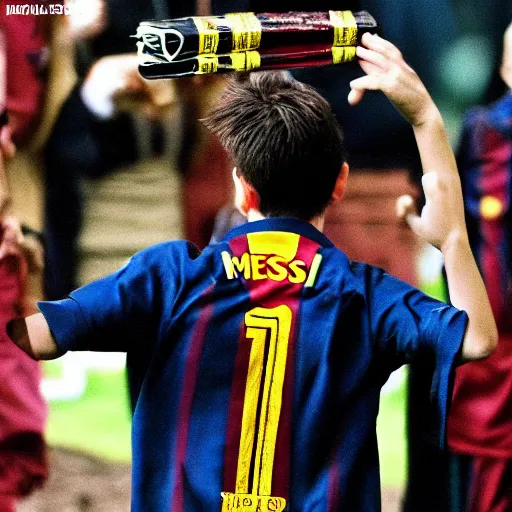 KREA - photograph of Lionel Messi going into super Saiyan