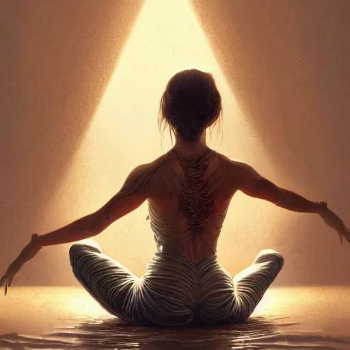 Image similar to detailed intricate digital illustration by greg rutkowski and artgerm and wlop and sanford robinson gifford ; yoga pose, bioluminescent, radiant veins glowing through skin ; 1 3 mm film, arri alfa anamorphic lens, sharp focus ; dark background, lit from behind, light going through skin, trending on artstation 8 k