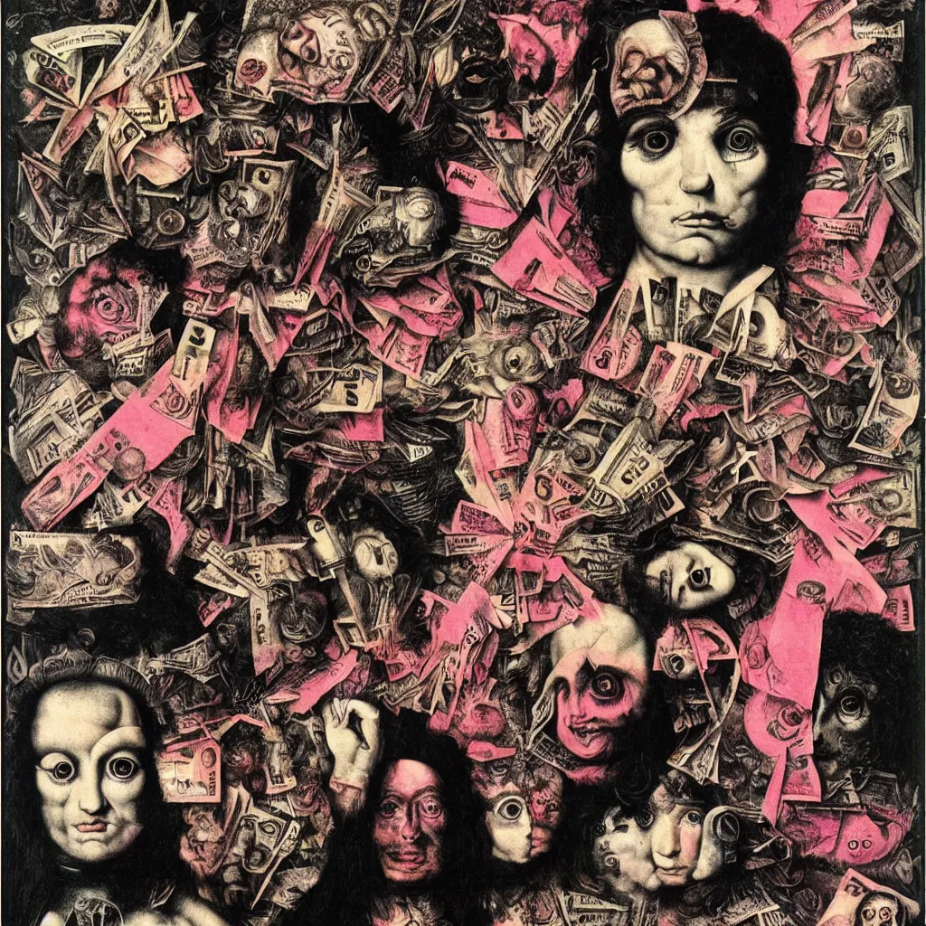 Image similar to post - punk new age album cover, asymmetrical design, dollar bank notes, capitalism, magic, apocalypse, psychedelic, black white pink, magic, giger h. r., giuseppe arcimboldo