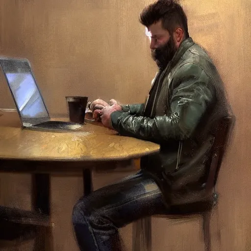 Image similar to a realistic hyperdetailed digital oil full body portrait painting of a man playing on a computer, sitting at a restaurant, beer in hand, in the style of guy denning, ruan jia, and craig mullins. trending on artstation and deviantart. cgsociety digital art.