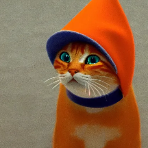 Image similar to orange tabby cat wearing a white dunce cap, cgi pixar