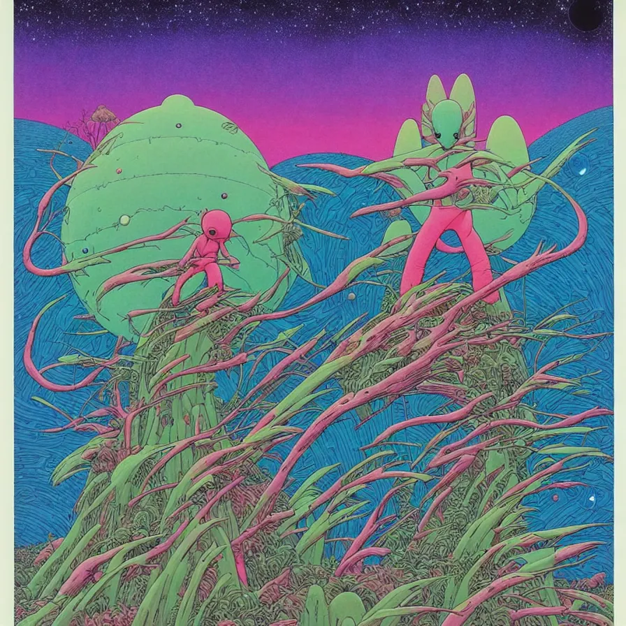 Image similar to ( ( ( ( ( forest and cute creatures on a mysterious planet ) ) ) ) ) by mœbius!!!!!!!!!!!!!!!!!!!!!!!!!!!, overdetailed art, colorful, record jacket