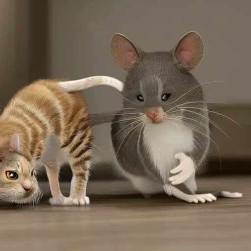 Prompt: tom and jerry as a real cat and mouse, very very realistic, 4 k, detailed