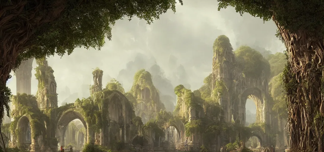 Prompt: gigantic palace, arches adorned pillars, towers, archways, gnarly trees, lush vegetation, forrest, landscape, raphael lacoste, eddie mendoza, alex ross, concept art, matte painting, highly detailed, rule of thirds, dynamic lighting, cinematic, detailed, denoised, centerd