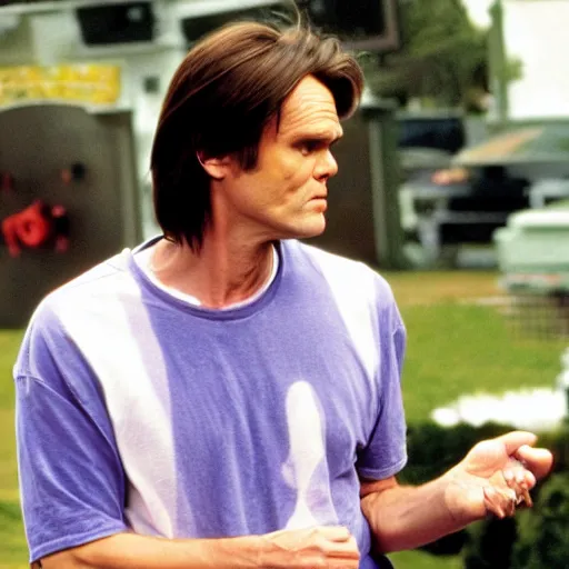 Prompt: jim carrey as wayne campbell on wayne ’ s world, movie still