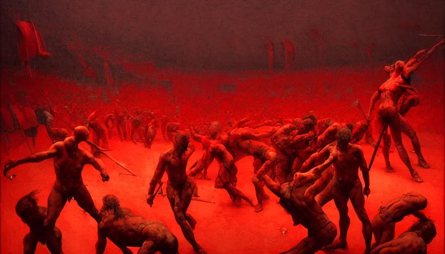 Image similar to only with red, bloody gladiator battle in a crowded roman amphitheatre, crowd cheering, in the style of beksinski and edward hopper and rodcenko and yue minjun and greg rutkowski, intricate and epic composition, red by caravaggio, highly detailed, masterpiece, red light, artstation, art nouveau
