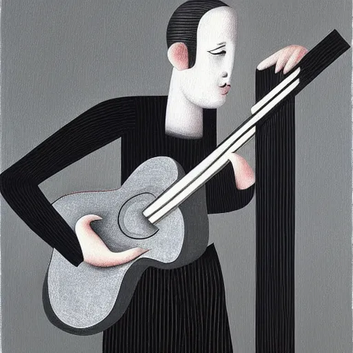 Image similar to a painting of a man wearing striped shirt, playing the guitar by gertrude abercrombie. precisionism, surrealism, dark, low contrast, featured on pixiv, art on instagram, detailed painting