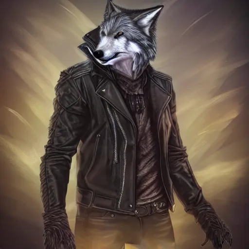 Image similar to A wolf-fox hybrid with a small head wearing a leather jacket and leather jeans and leather gloves, trending on FurAffinity, energetic, dynamic, digital art, highly detailed, FurAffinity, high quality, digital fantasy art, FurAffinity, favorite, character art