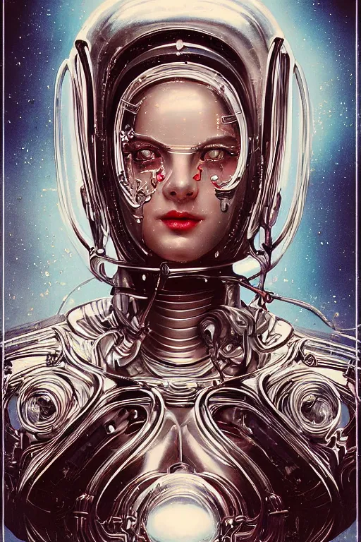 Prompt: retro-futuristic portrait of a beautiful damaged female android in old chrome armour with cables and wires and white liquid, ornate background, rim light, ornate pattern, glowing eyes, evil expression, high details, intricate details, renaissance painting by vincent di fate, artgerm julie bell beeple, 80s, Smooth gradients, High contrast, depth of field, very coherent symmetrical artwork