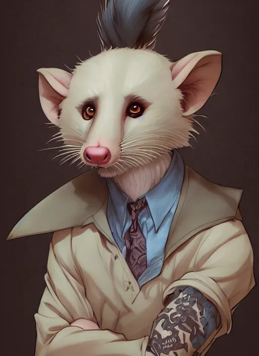 Image similar to character portrait of a male anthro opossum fursona with a tail and a cute beautiful attractive detailed furry face wearing a dress shirt and slacks outside a city tattoo parlor. Character design by charlie bowater, ross tran, artgerm, and makoto shinkai, detailed, inked, western comic book art