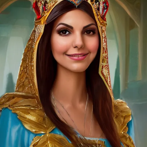 Image similar to a portrait of victoria justice as an arabian princess in a disney movie, crown!! oil painting, pale colors, high detail, 8 k, wide angle, trending on artstation,